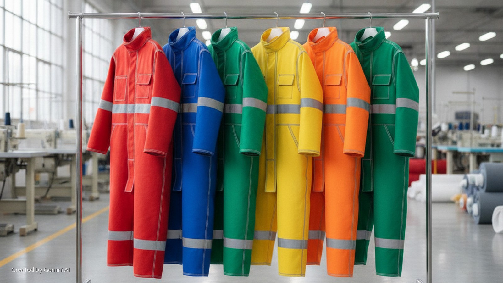 Six colorful industrial work overalls with reflective strips hang on a metal rack in a brightly lit garment factory featuring sewing machines, large windows, and fabric rolls.