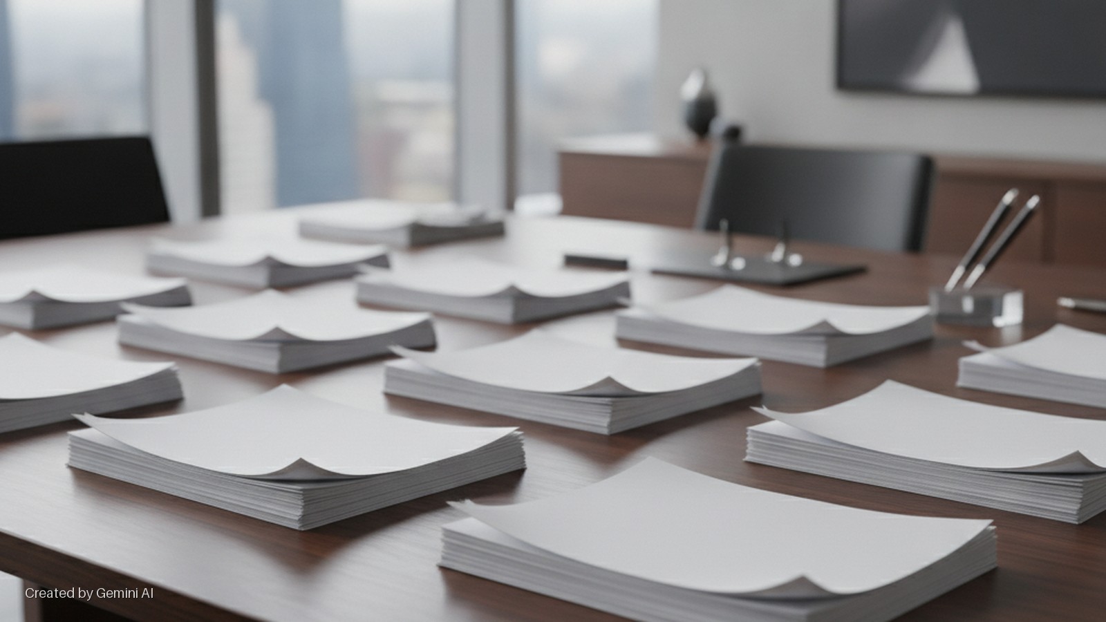 Multiple stacks of blank white paper are neatly arranged on a dark wood conference table with pens, chairs, and a blurred cityscape through large windows, all softly illuminated.