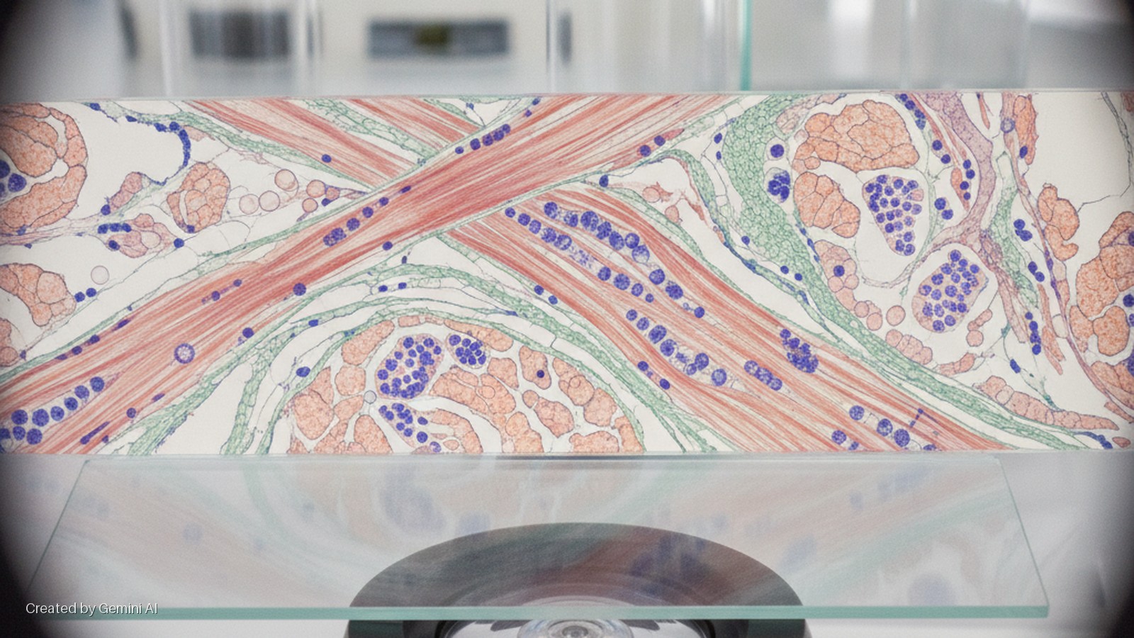 A brightly lit rectangular display presents a detailed biological illustration featuring red muscle fibers, blue cell clusters, green connective tissue, and orange glandular tissue, resting on a clear glass surface against a blurred backgro