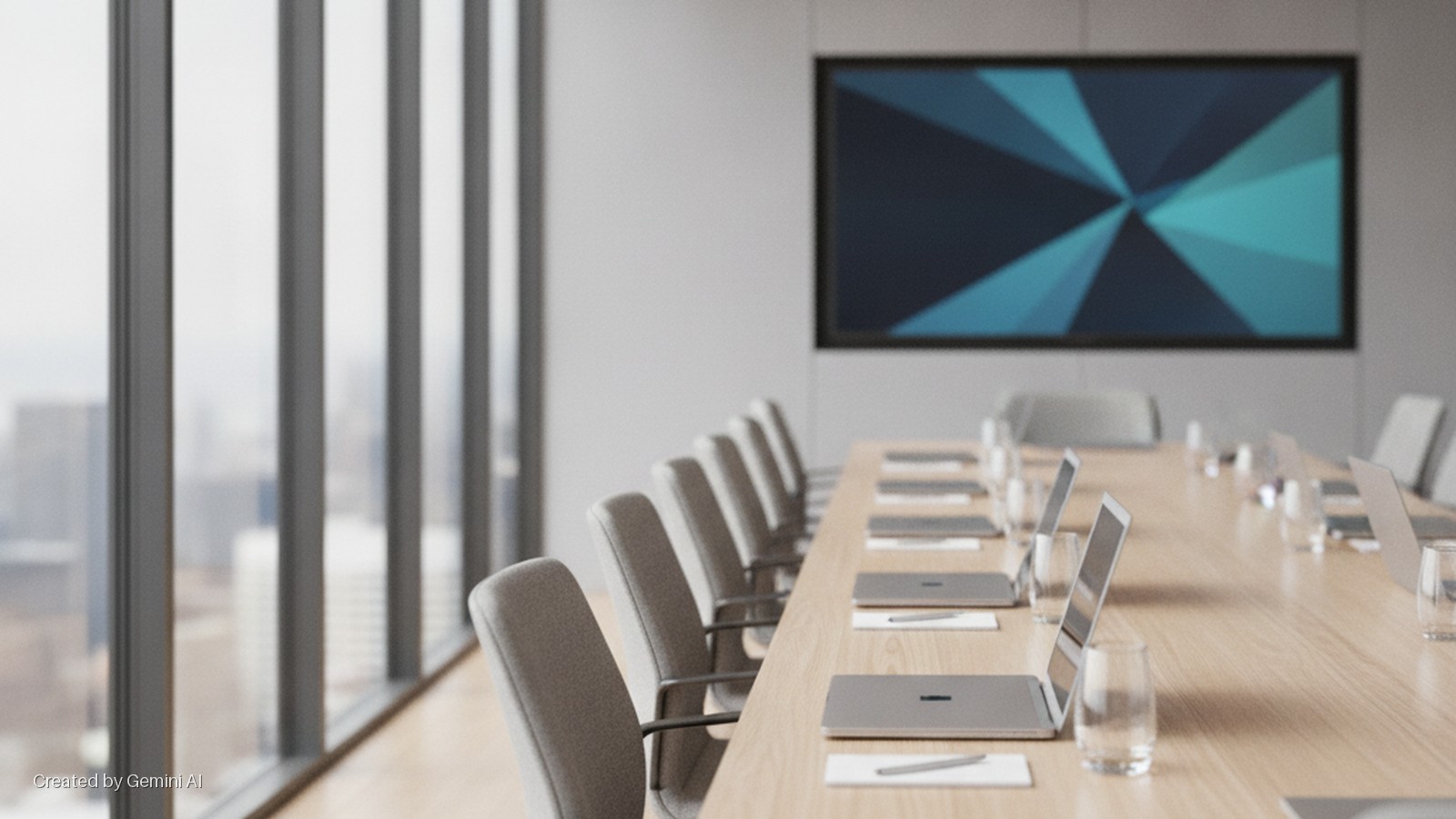 A brightly lit modern conference room features a long wooden table lined with laptops, water glasses, and notebooks, surrounded by grey chairs, a large screen displaying an abstract design on the far wall, and expansive windows offering a c