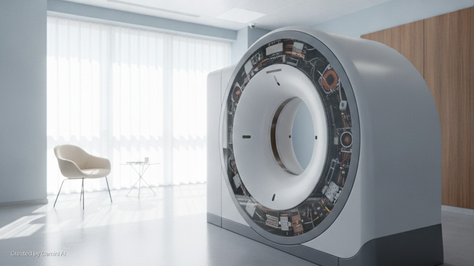 A modern medical imaging scanner with visible internal components stands in a brightly lit, minimalist room with a large window, a cream armchair, a small table, and a wooden paneled wall.