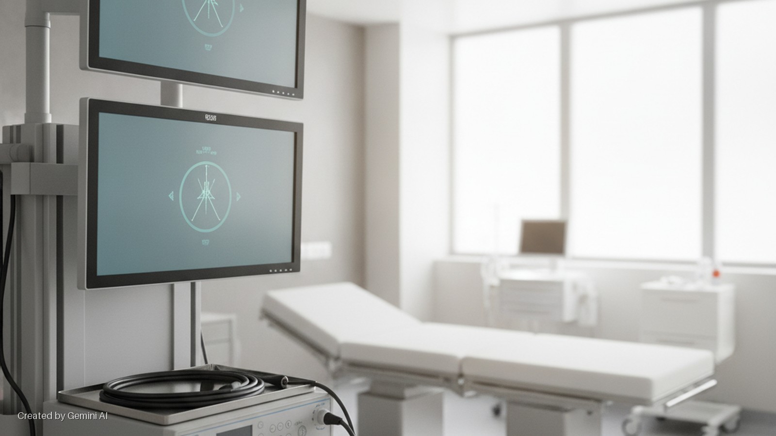 A brightly lit sterile medical room contains two monitors displaying a circular graph, a coiled cable on a medical device, and an examination bed, all illuminated by natural light from a large window.