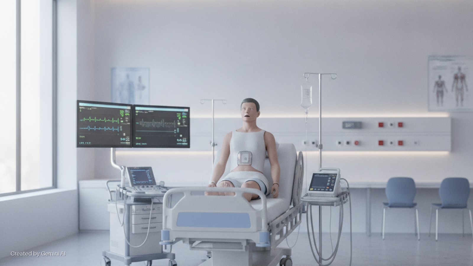 A brightly lit hospital room contains a medical mannequin sitting on a bed, with vital sign monitors displaying data, an ultrasound machine, an IV stand, and wall-mounted medical utilities, alongside anatomical posters.