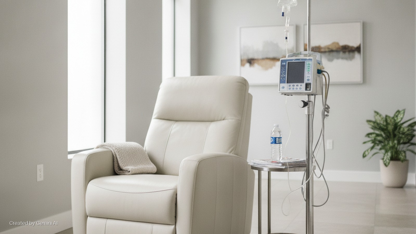A brightly lit treatment room shows a white recliner with a beige blanket, an IV pole with an infusion pump, and a side table holding a water bottle and magazines, with abstract art and a potted plant in the background.