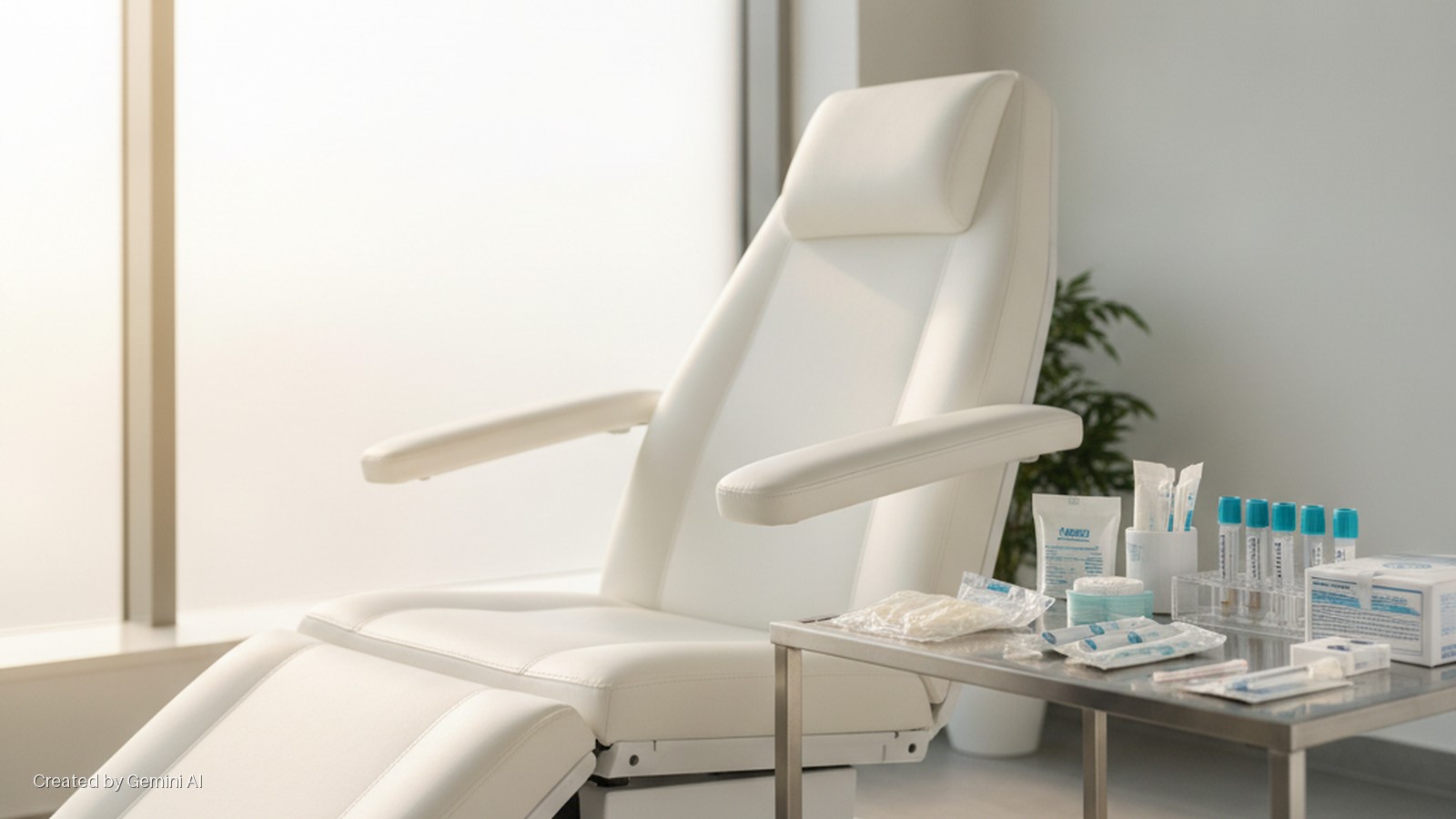 A brightly lit phlebotomy room features a white medical reclining chair and a metal side table holding blood collection tubes, sterile wipes, and other medical supplies.