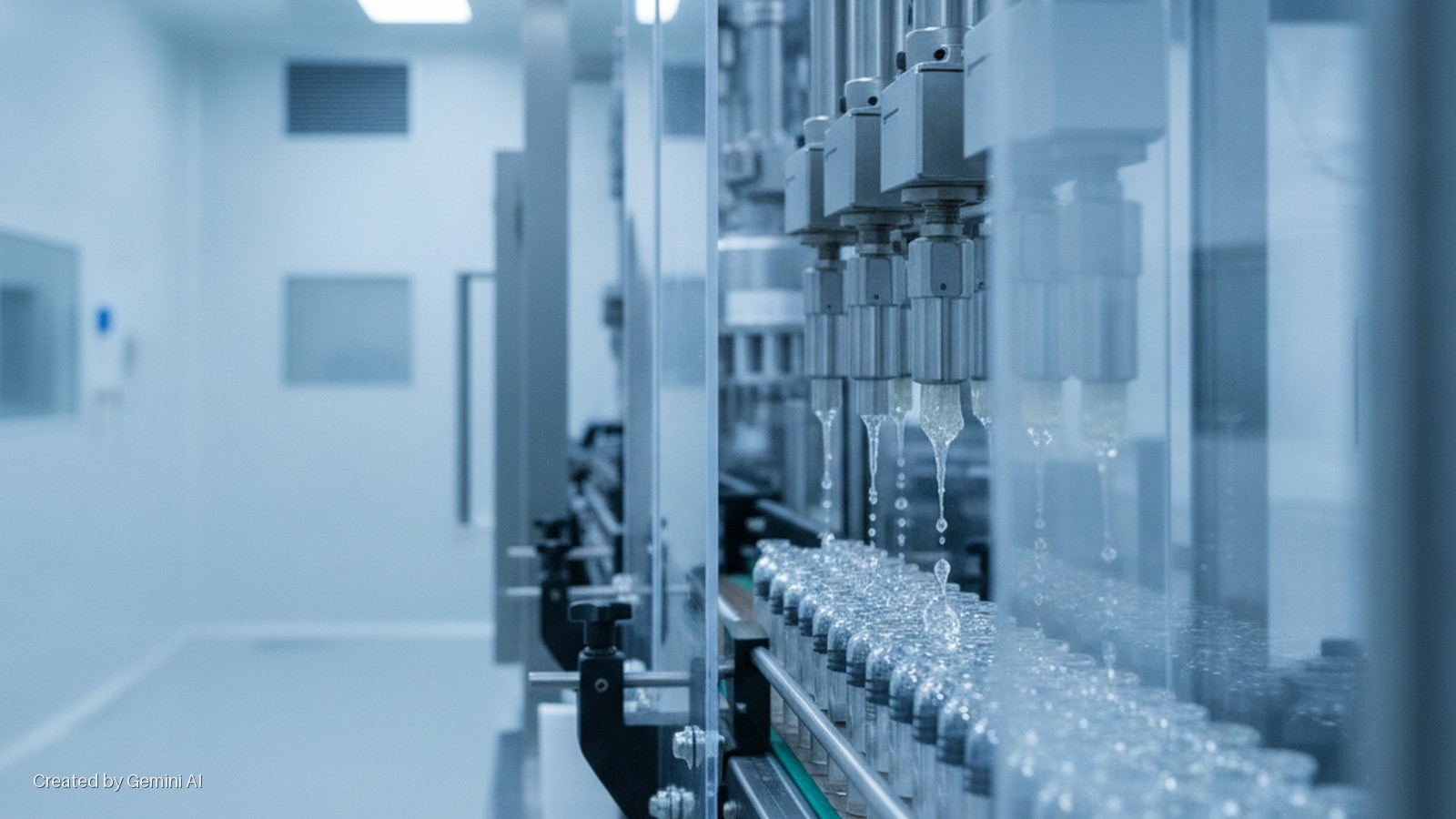 Automated machinery dispenses clear liquid into numerous glass vials on a production line within a brightly lit, sterile cleanroom.