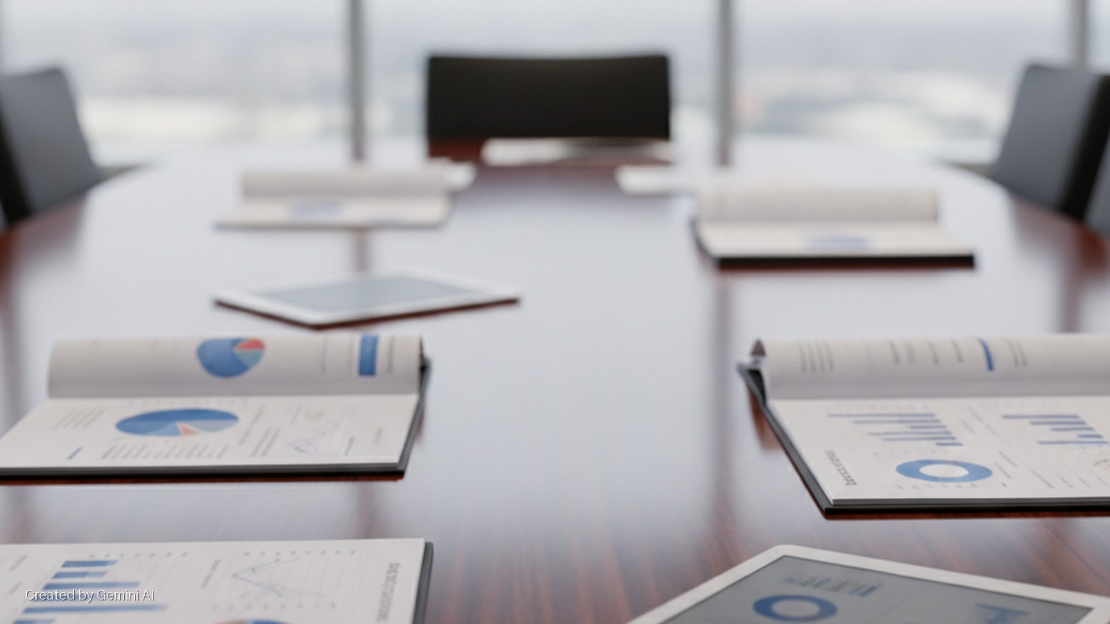 Open business reports displaying various charts and tablets are arranged on a long, polished conference table surrounded by chairs in a brightly lit meeting room with large windows overlooking a city.