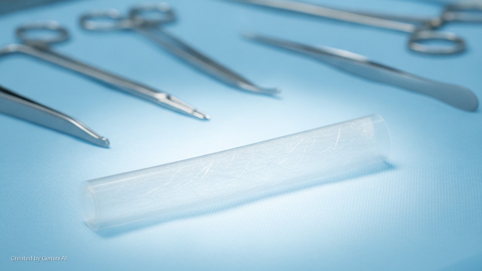 A brightly lit translucent medical tube with a textured surface lies on a blue surgical drape, surrounded by blurred metal surgical scissors and forceps.
