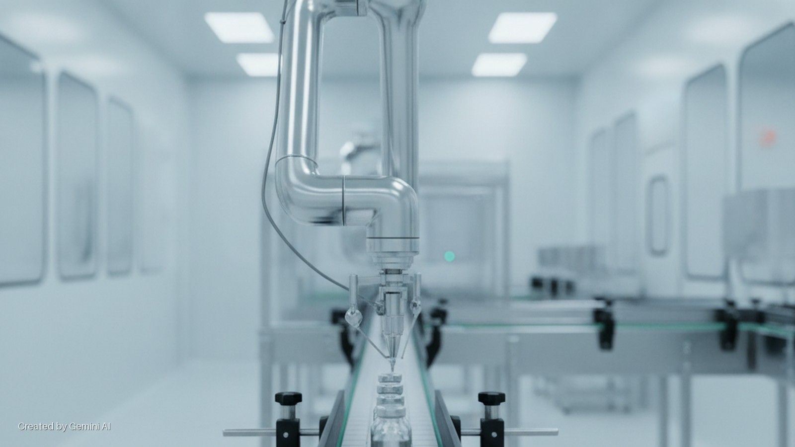 A robotic arm precisely fills clear vials on a conveyor belt in a brightly lit cleanroom facility.