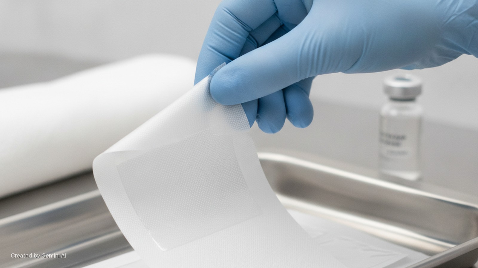 A blue-gloved hand holds a textured white non-woven patch above a metal tray, with a blurred white medical roll and a glass vial in a brightly lit clinical setting.