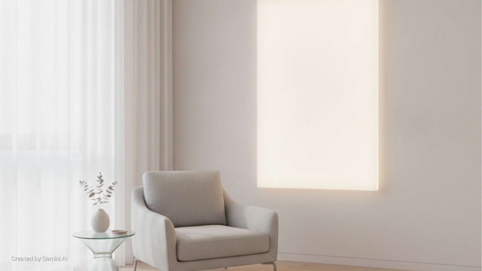 A light gray armchair and a glass side table with a vase of dried eucalyptus sit in a room, illuminated by a large rectangular wall panel and natural light from sheer curtains.