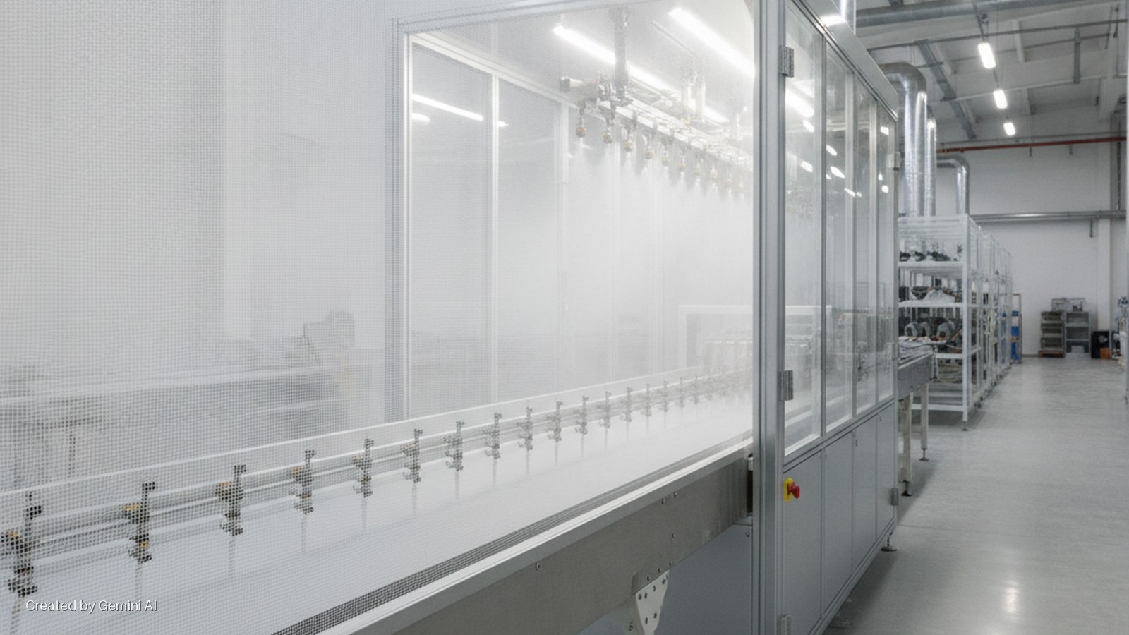 A brightly lit industrial facility shows a long processing line with multiple spray nozzles, enclosed by a mesh screen and clear panels, alongside rows of metal shelving under overhead fluorescent lights.