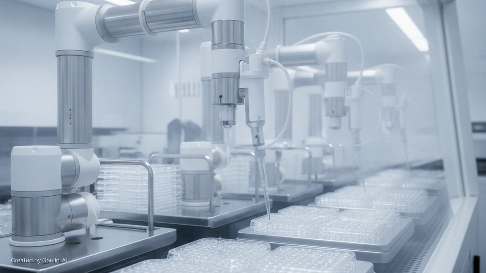 Robotic arms with pipettes dispense into arrays of clear multi-well plates in a brightly lit, cool-toned laboratory.