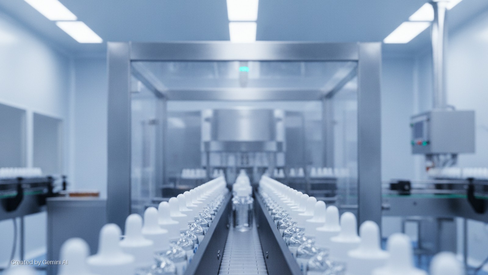 Brightly lit clean room showing rows of white-capped dropper bottles on a conveyor belt leading to filling machinery.