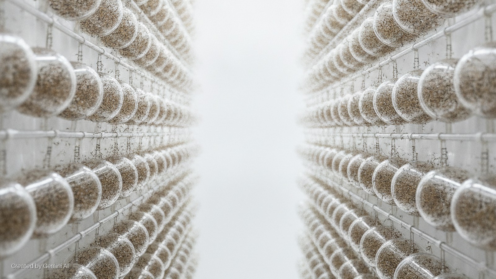 Two symmetrical walls of clear glass spheres filled with light brown seeds are neatly arranged on horizontal racks, converging towards a bright white central space.
