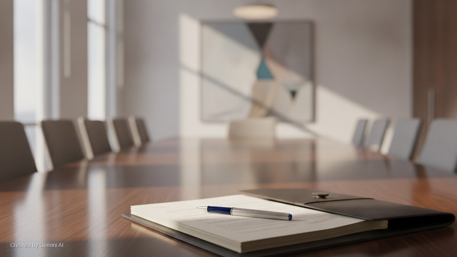 A blue and silver pen rests on documents within a black folder on a polished wooden conference table, illuminated by sunlight streaming into a modern meeting room with chairs and abstract art.