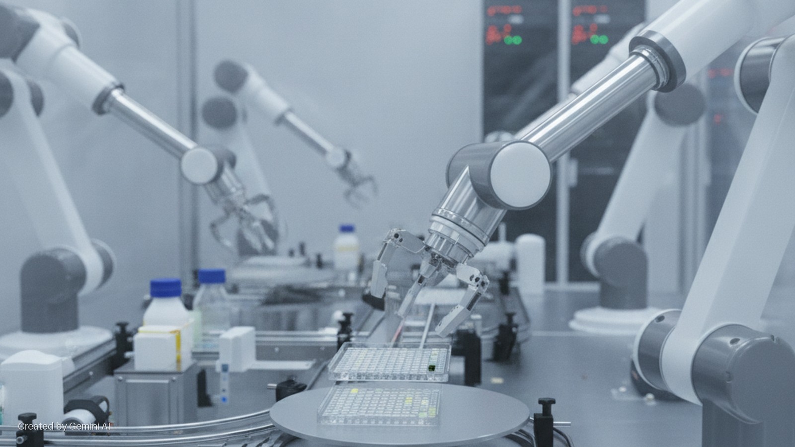 Brightly lit laboratory with multiple robotic arms manipulating microplates and bottles on a conveyor, with control panels in the background.
