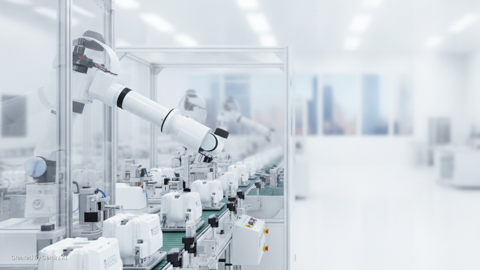 A white robotic arm works above a conveyor belt moving white components in a brightly lit, automated clean room with blurred city buildings outside.