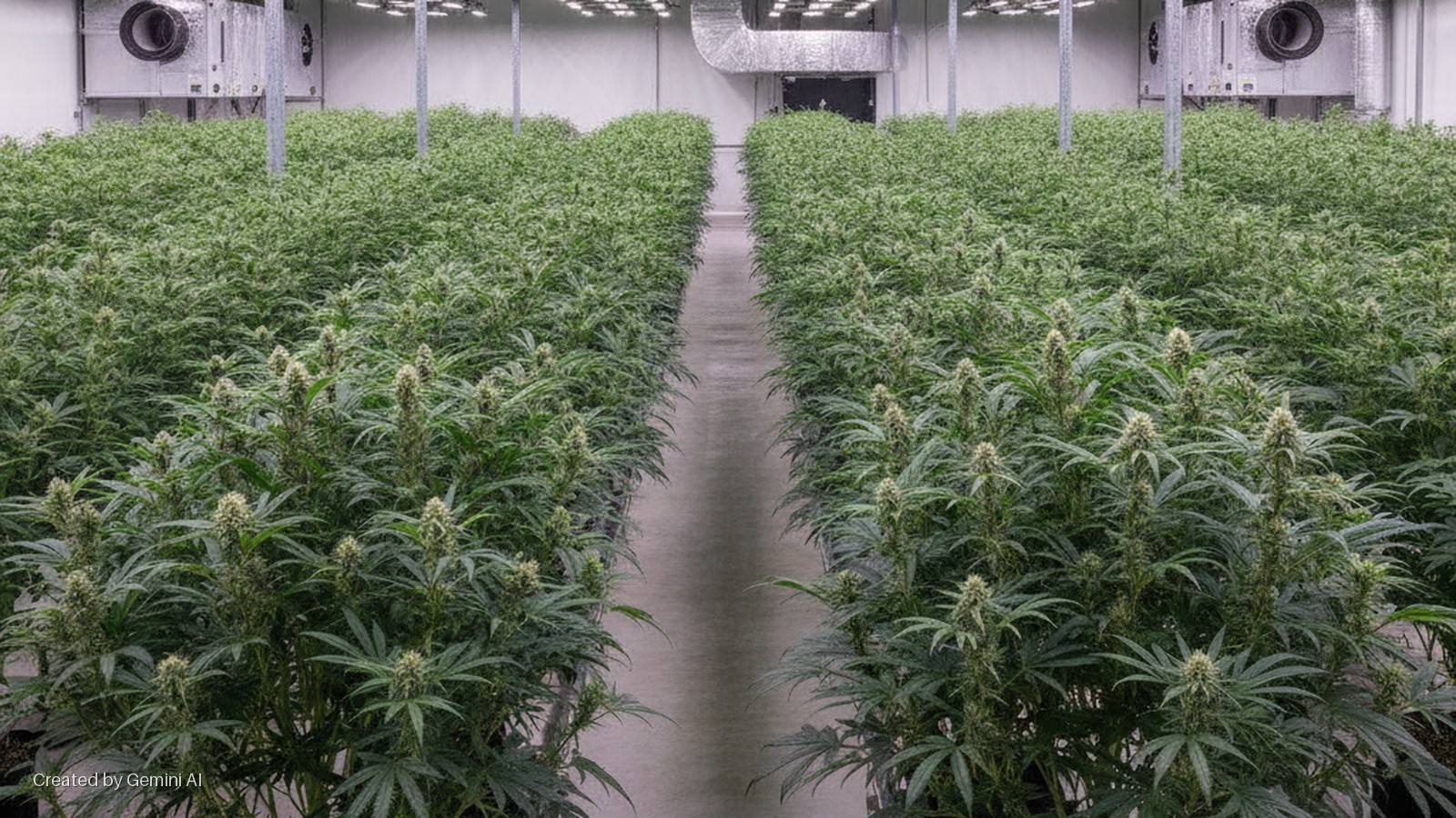 An indoor cultivation room features parallel concrete aisles separating dense rows of tall green cannabis plants bearing visible buds, illuminated by bright overhead lights, with white walls and metal ventilation ducts in the background.
