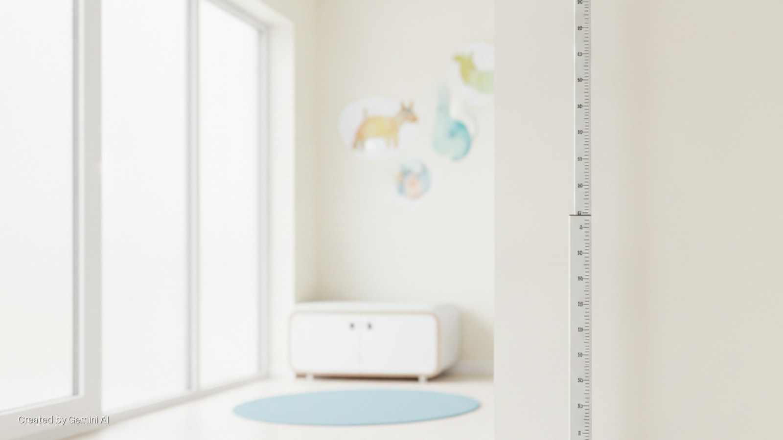A brightly lit modern child's room features a height chart on the right wall, a large window on the left, a white storage cabinet, a blue circular rug, and blurred animal wall decals.