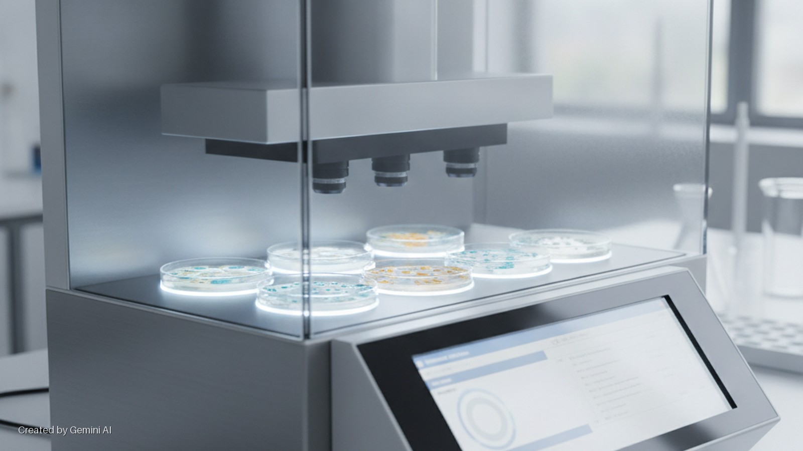 An automated laboratory instrument displays several illuminated petri dishes showing microbial growth under an array of optical lenses, featuring a touchscreen interface in a brightly lit laboratory setting.