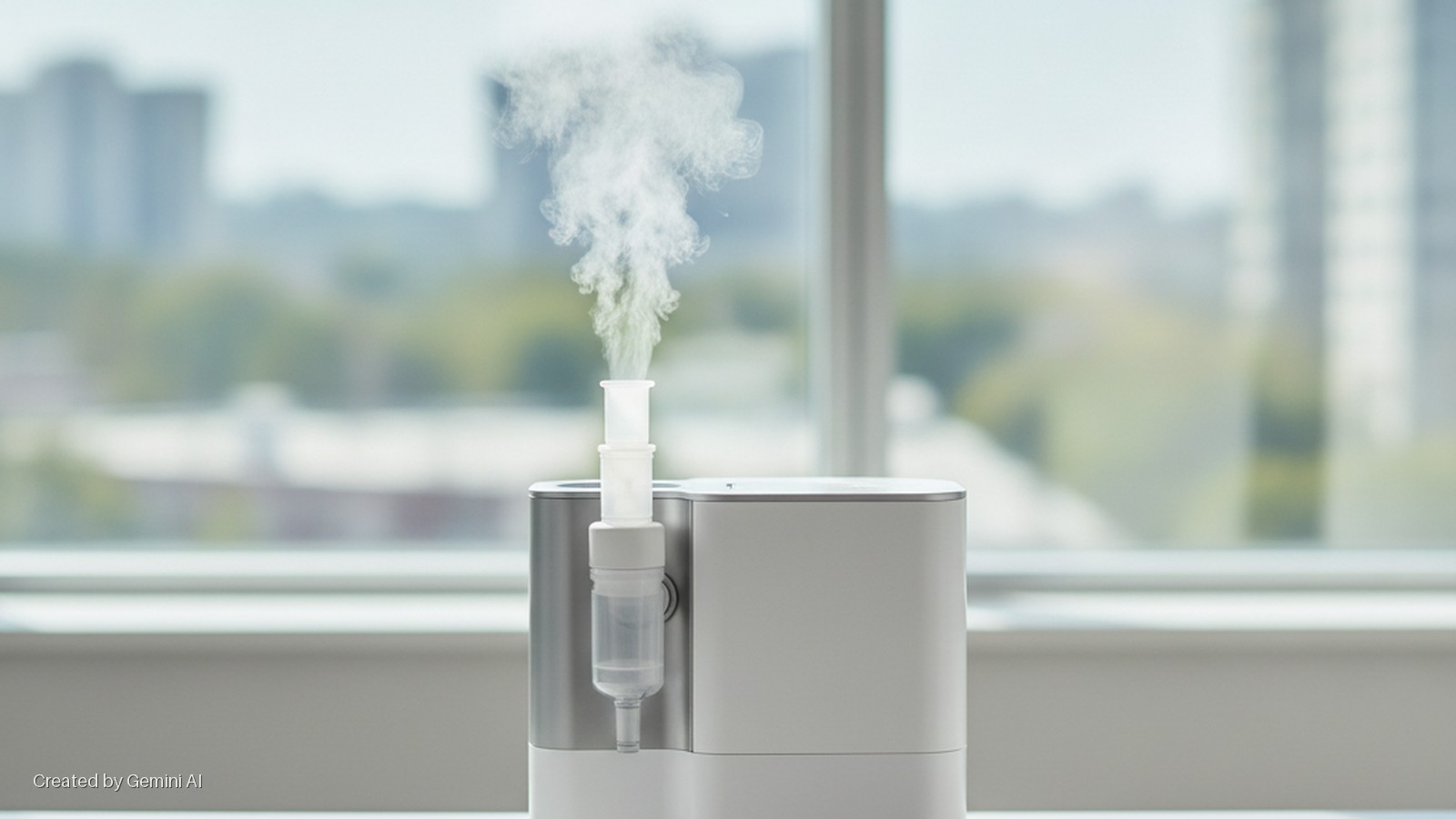 A white and silver medical nebulizer with a clear reservoir actively releases a stream of white mist while sitting on a table in front of a brightly lit window, revealing a blurred background of city buildings and trees.