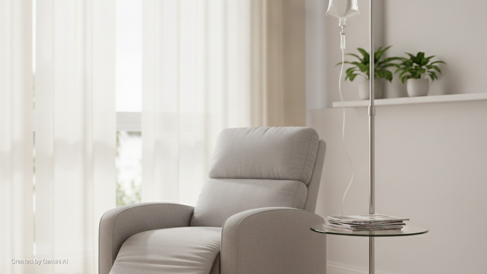 A brightly lit room with sheer white curtains features a grey recliner chair, an IV drip stand with an IV bag, a glass side table holding magazines, and two potted plants on a white wall shelf.