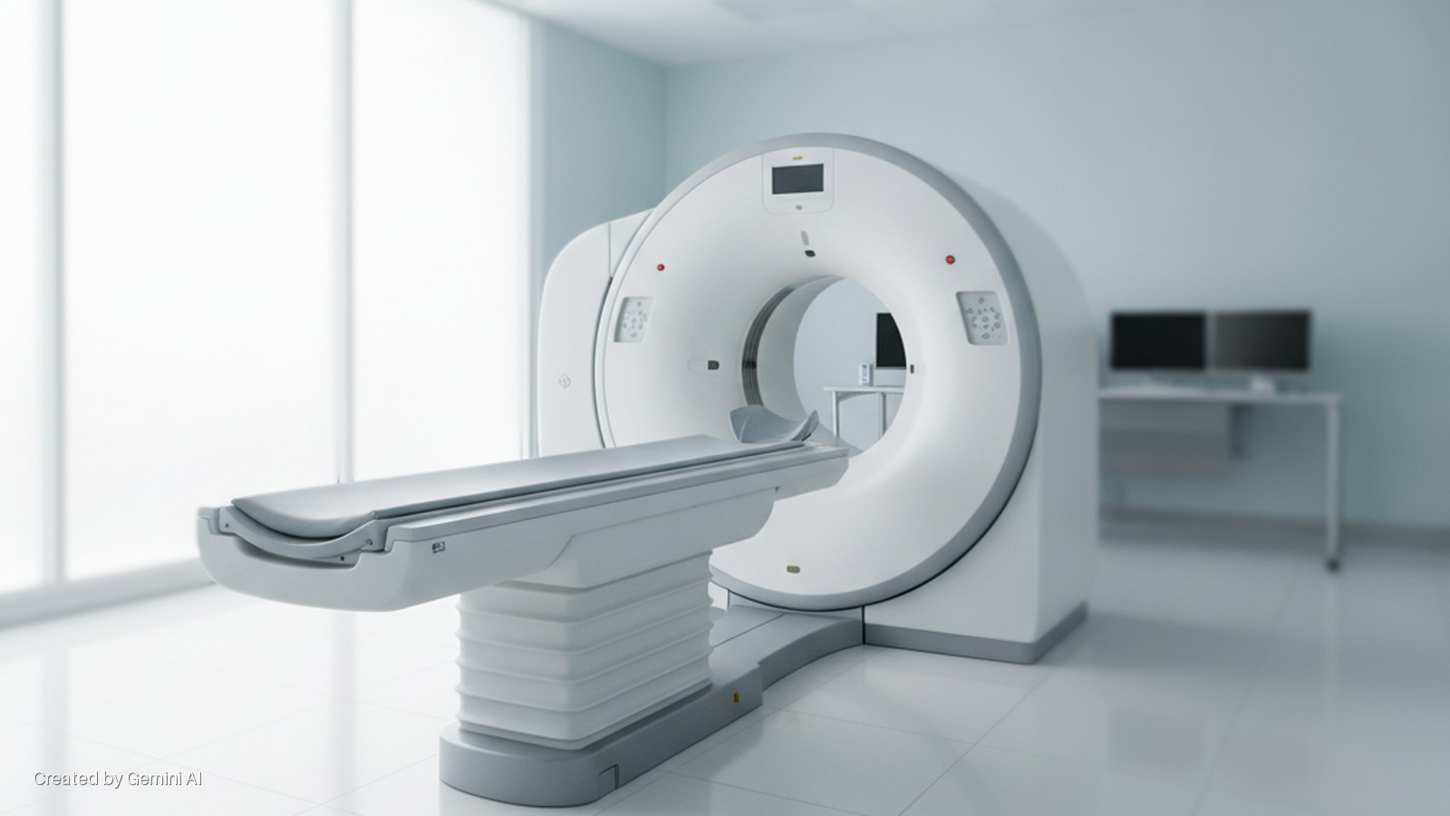 A bright medical imaging room features a large white CT scanner with a grey patient table extending from it, and two computer monitors on a desk in the background.