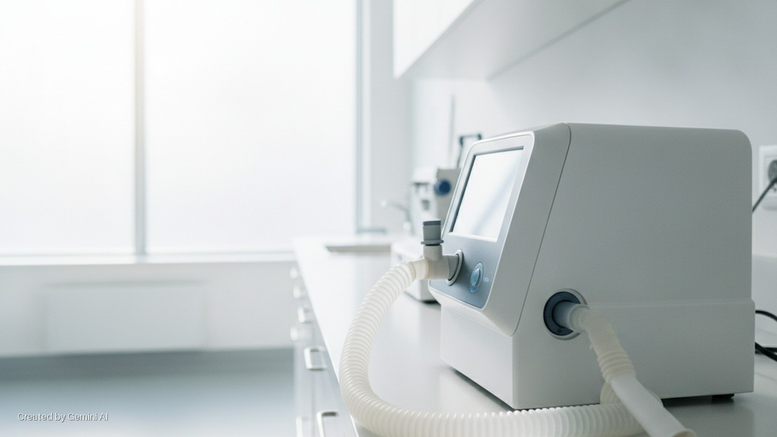 A modern white medical ventilator with an attached corrugated tube sits on a clean white counter, plugged into an outlet, in a bright, sterile room with a large window.