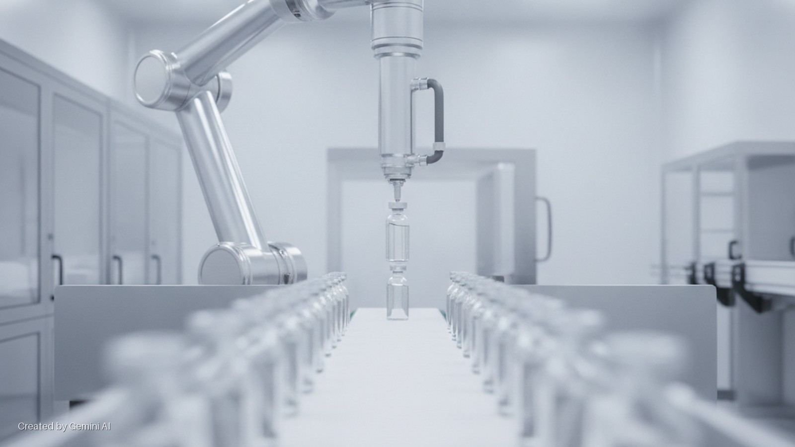 A robotic arm dispenses liquid into clear vials on a conveyor belt in a bright, sterile cleanroom.
