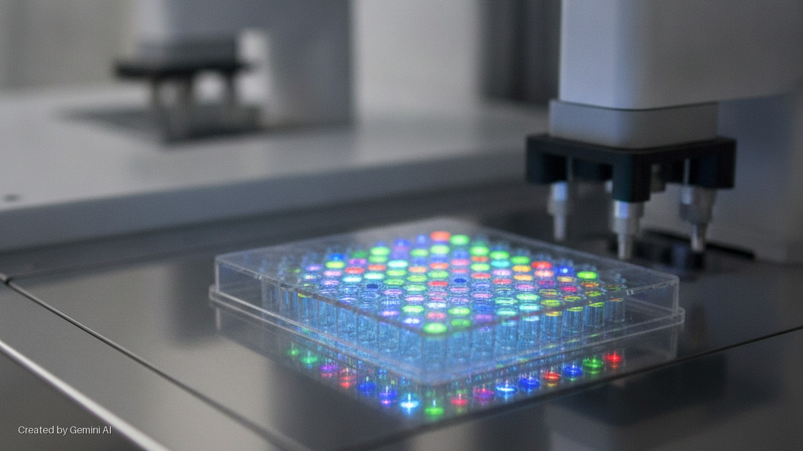 A clear multi-well plate with brightly illuminated colorful wells (blue, green, red, yellow) sits on a reflective metallic laboratory surface, beneath the pipetting head of a robotic arm.