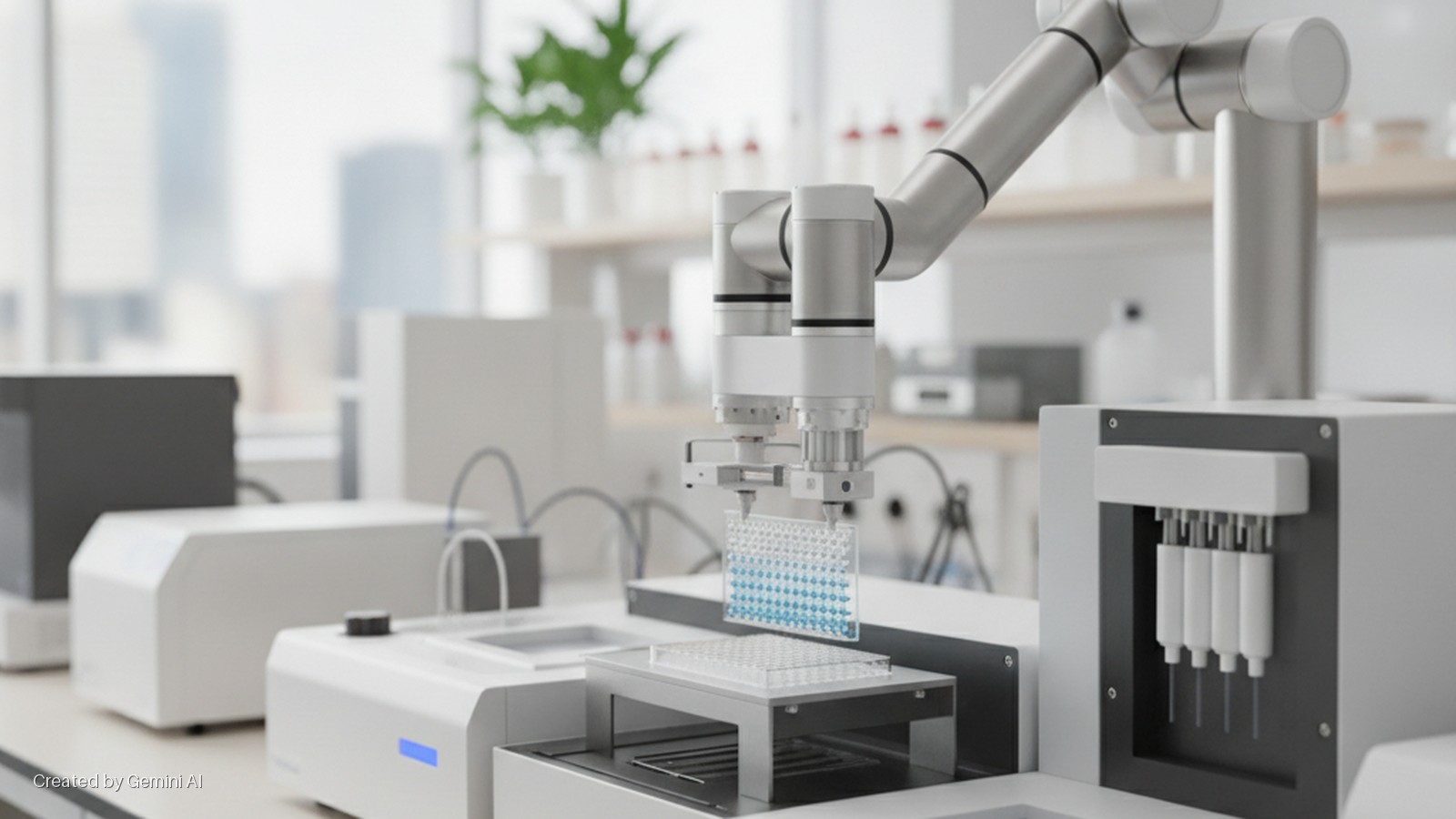 A robotic arm positions a microplate with blue samples above another plate, surrounded by various white laboratory machines in a bright, modern lab setting.
