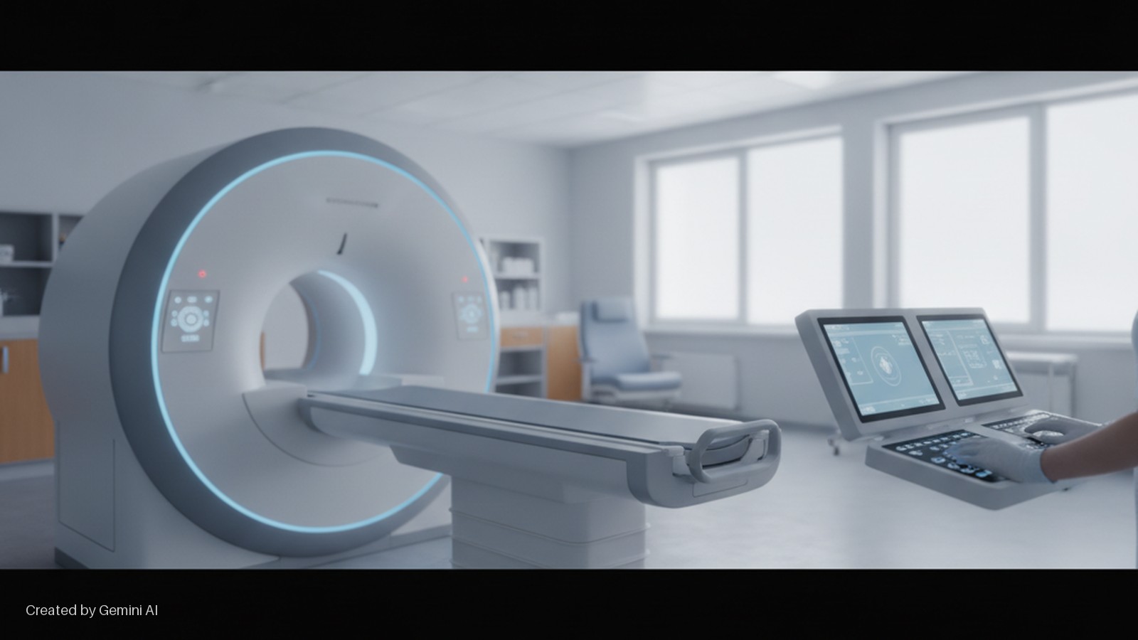 A brightly lit medical scanning room features a modern MRI machine with a glowing blue ring, a medical professional's gloved hand operating a dual-screen control panel, and large windows.