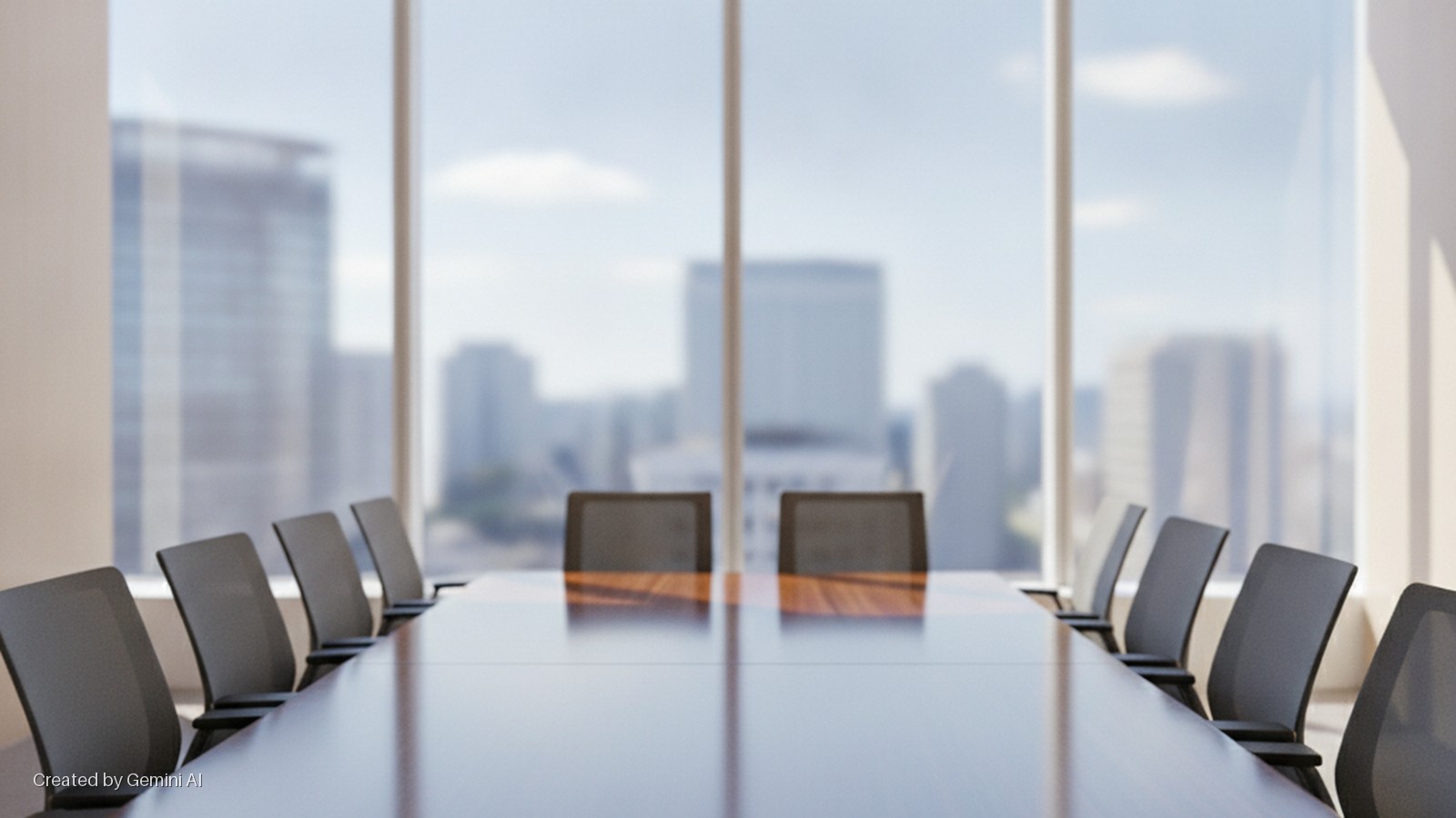 A bright conference room features a long, reflective conference table surrounded by multiple gray office chairs, overlooking a blurred city skyline through large windows.