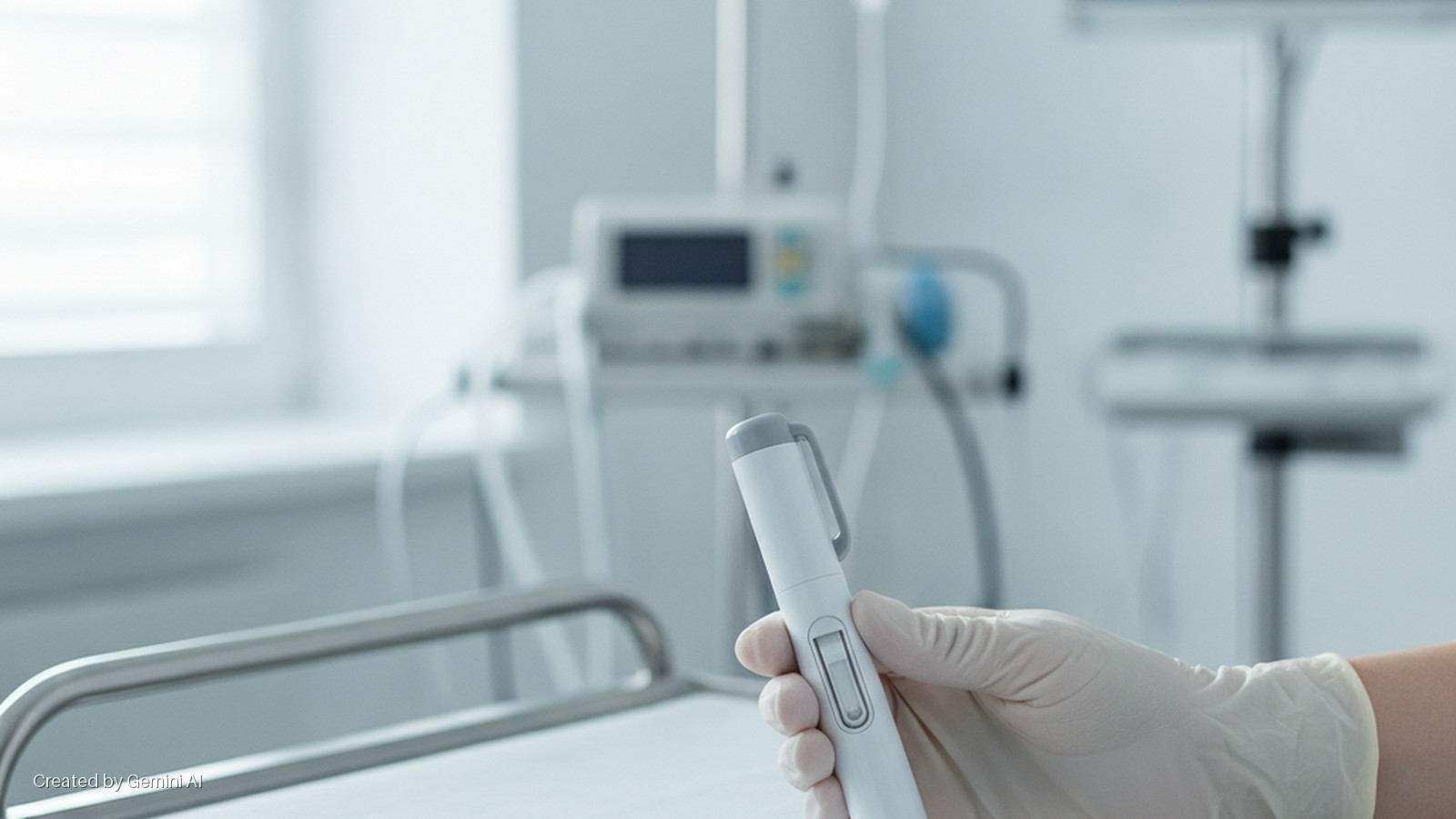 A gloved hand holds a white medical diagnostic tool with a grey clip and slider, in a brightly lit hospital room with a bed rail and blurred medical equipment in the background.
