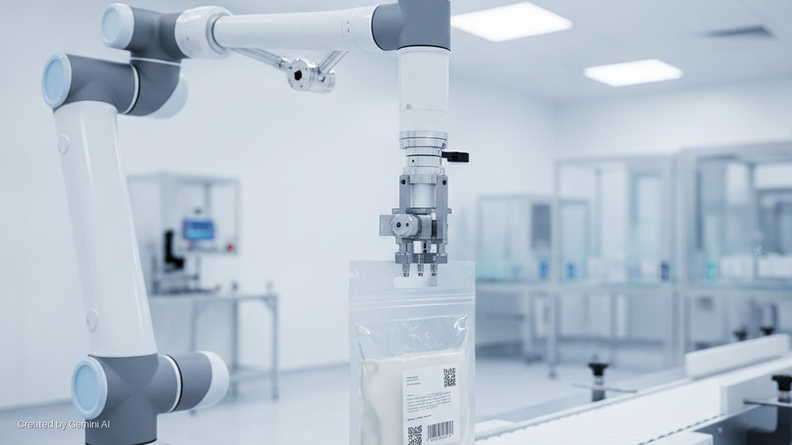 A robotic arm with a metallic gripper fills a transparent pouch containing a light substance on a conveyor belt in a brightly lit cleanroom laboratory.