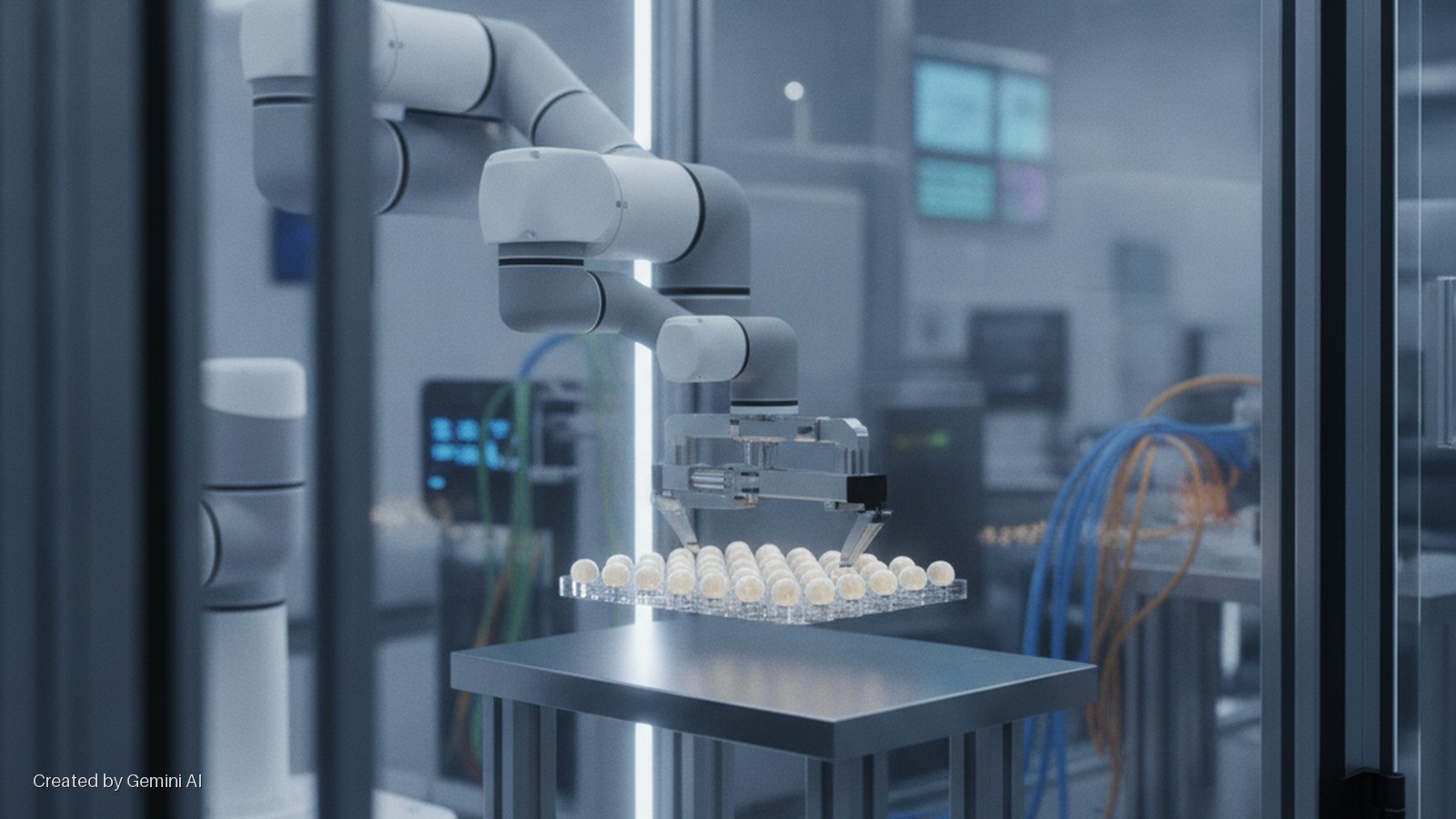 A robotic arm with a metallic gripper holds a translucent tray filled with small, pearl-like spheres above a reflective grey table in a cool-toned, automated laboratory setting.