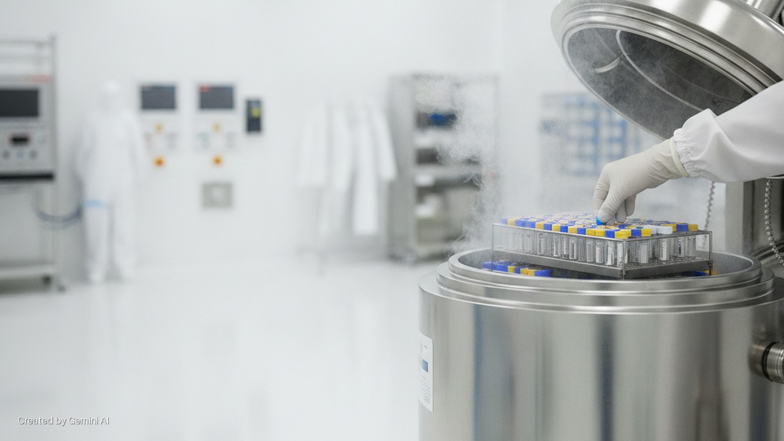 A gloved hand retrieves a blue-capped vial from a rack of samples within a steaming cryogenic storage tank, in a brightly lit white cleanroom with blurred lab equipment and a suited technician in the background.