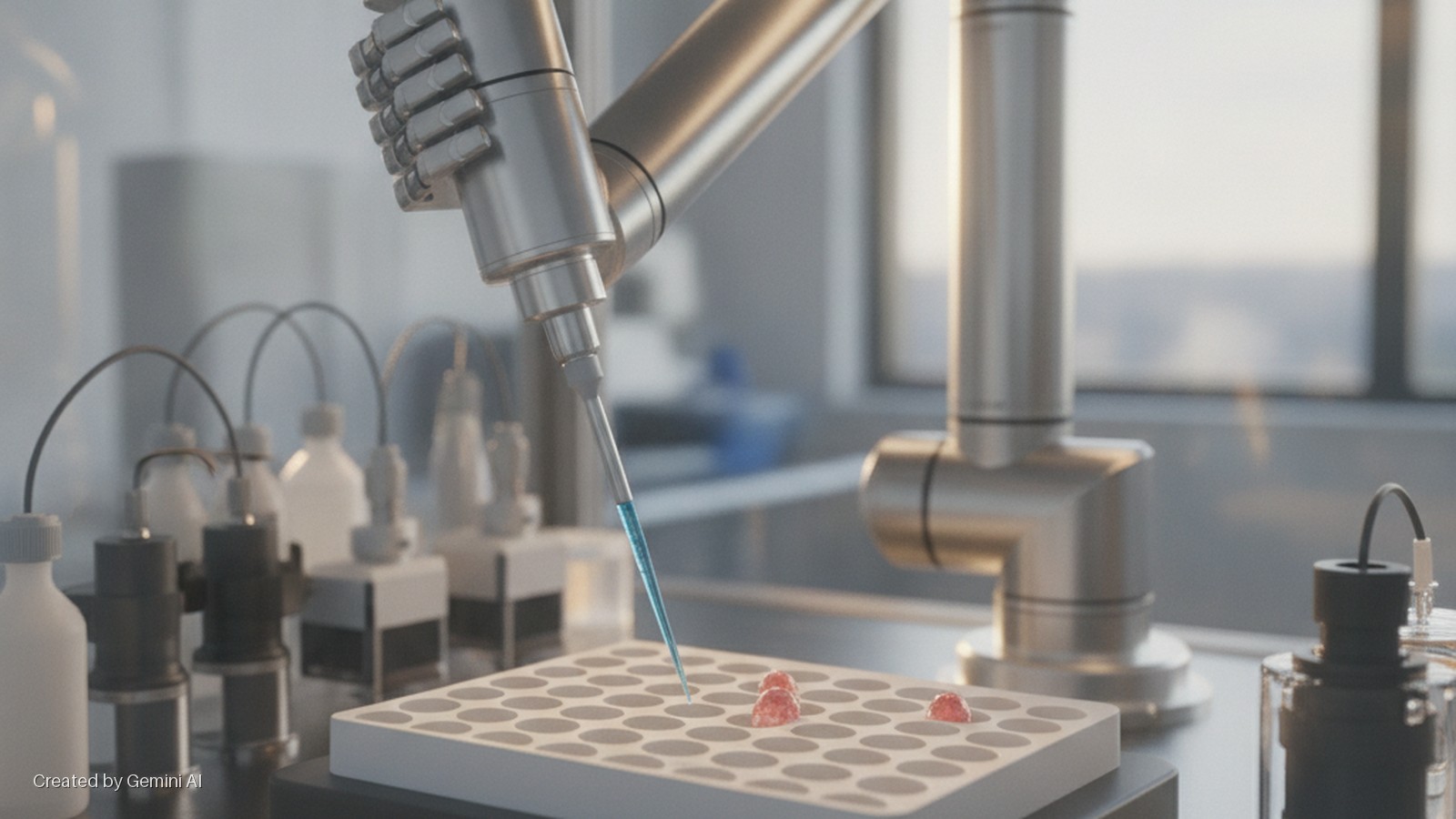 A robotic arm uses a pipette to dispense blue liquid into a white multi-well plate containing several red samples in a brightly lit laboratory setting.