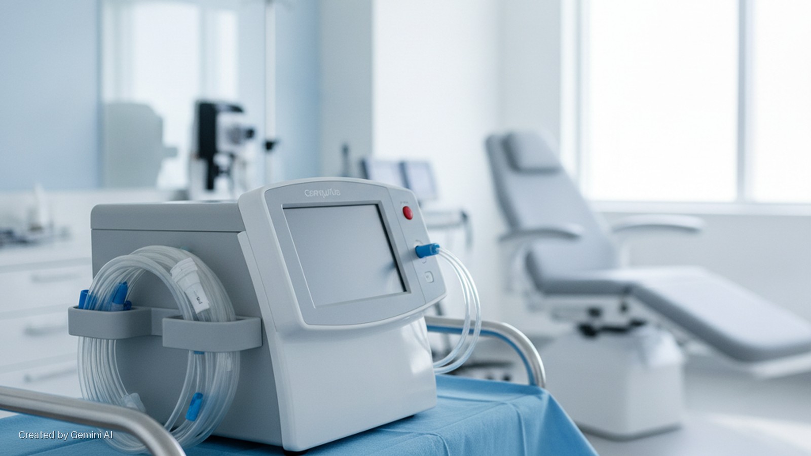 A modern medical device with clear tubing rests on a blue-draped table in a brightly lit clinic room, with a reclining treatment chair and a large window in the background.