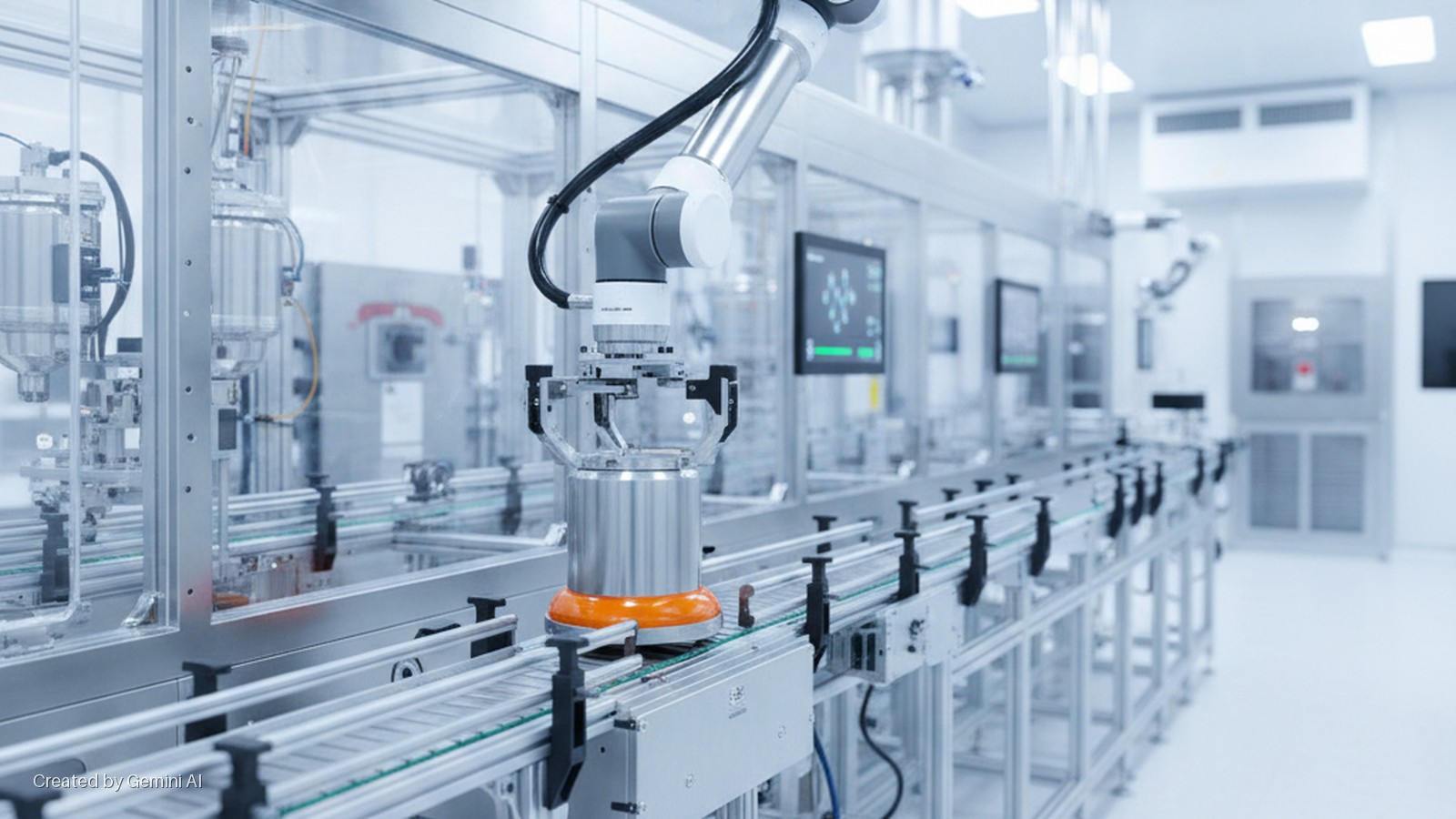 A robotic arm holds a metal container on a conveyor belt in a brightly lit, modern industrial clean room with processing machinery and digital displays.