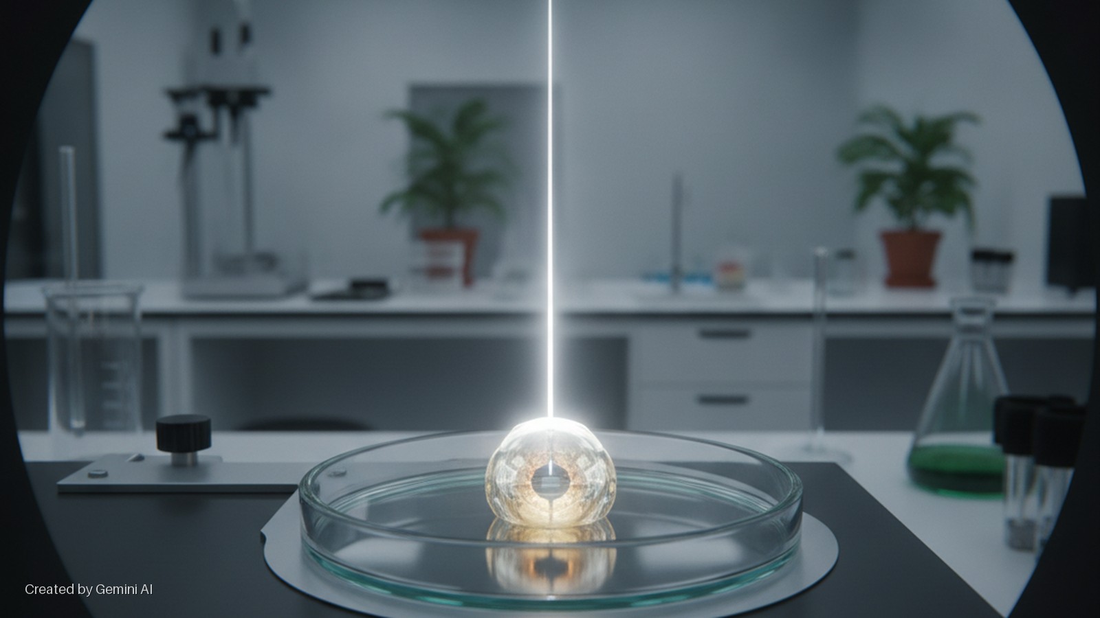 A glowing white light beam illuminates a translucent, gold-toned, eye-like sphere in a petri dish on a dark lab bench, set against a blurred background of laboratory equipment and potted plants.