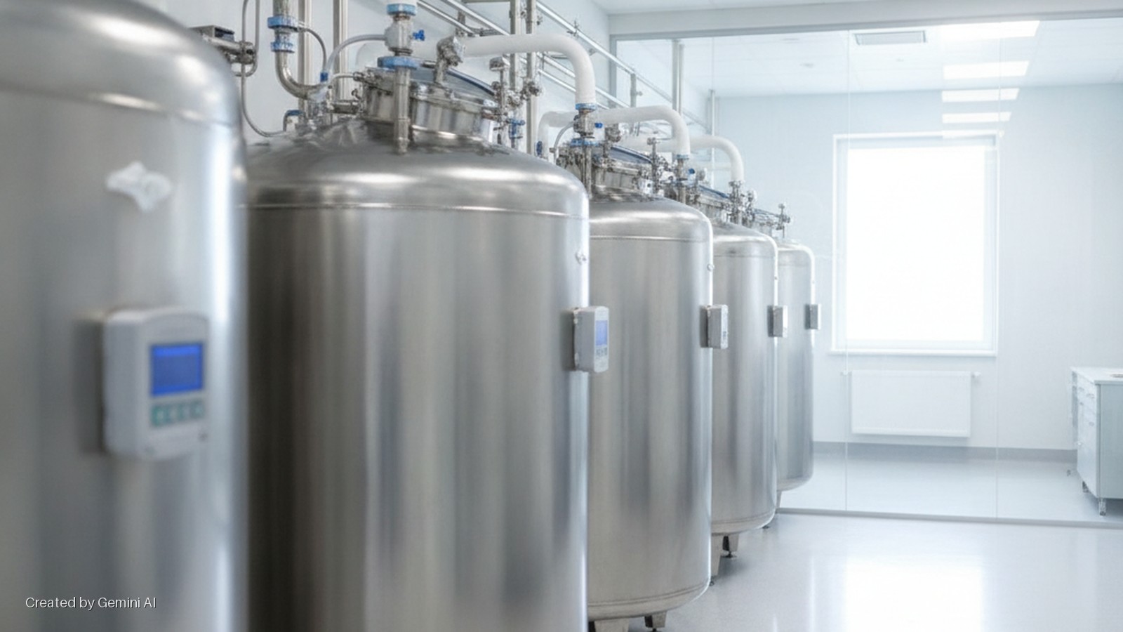 A row of large, cylindrical, stainless steel tanks with digital monitors and connecting white pipes stands in a brightly lit, sterile cleanroom with a large window in the background.