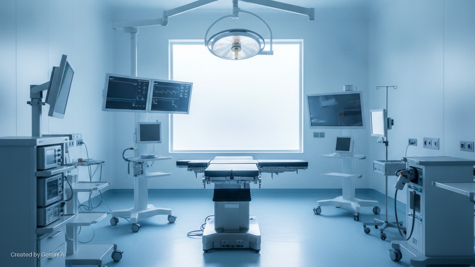 A brightly lit, cool-toned operating room features a central operating table, an overhead surgical light, multiple medical monitors displaying vital signs, and various equipment on mobile carts, set against a large backlit window.