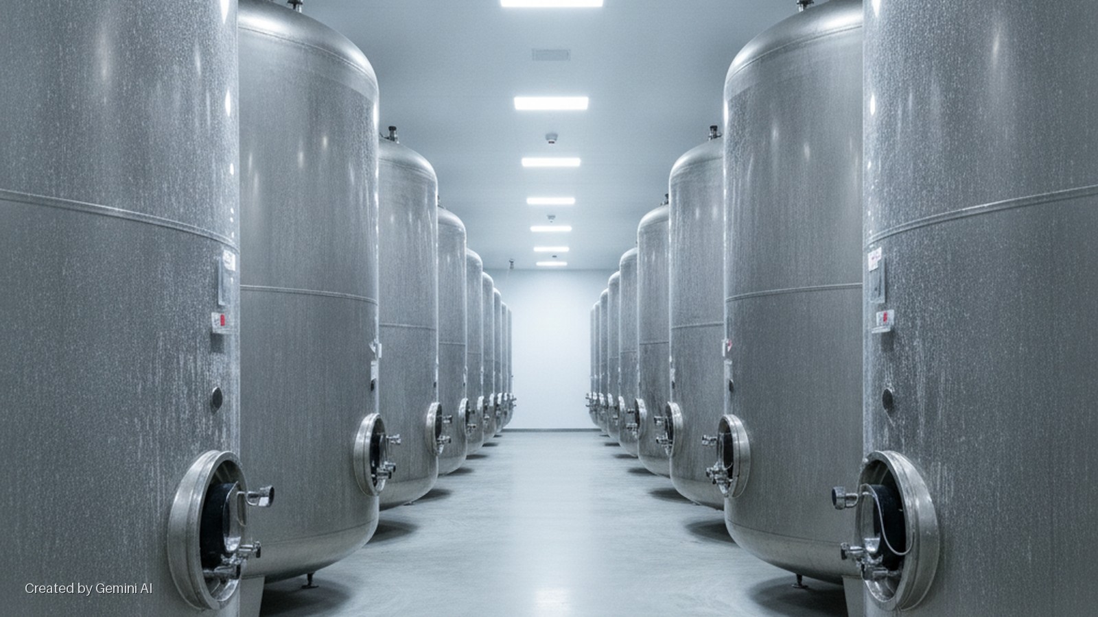 Two long rows of tall, cylindrical stainless steel industrial tanks with manways line a brightly lit hall featuring a concrete floor and overhead fluorescent lights.