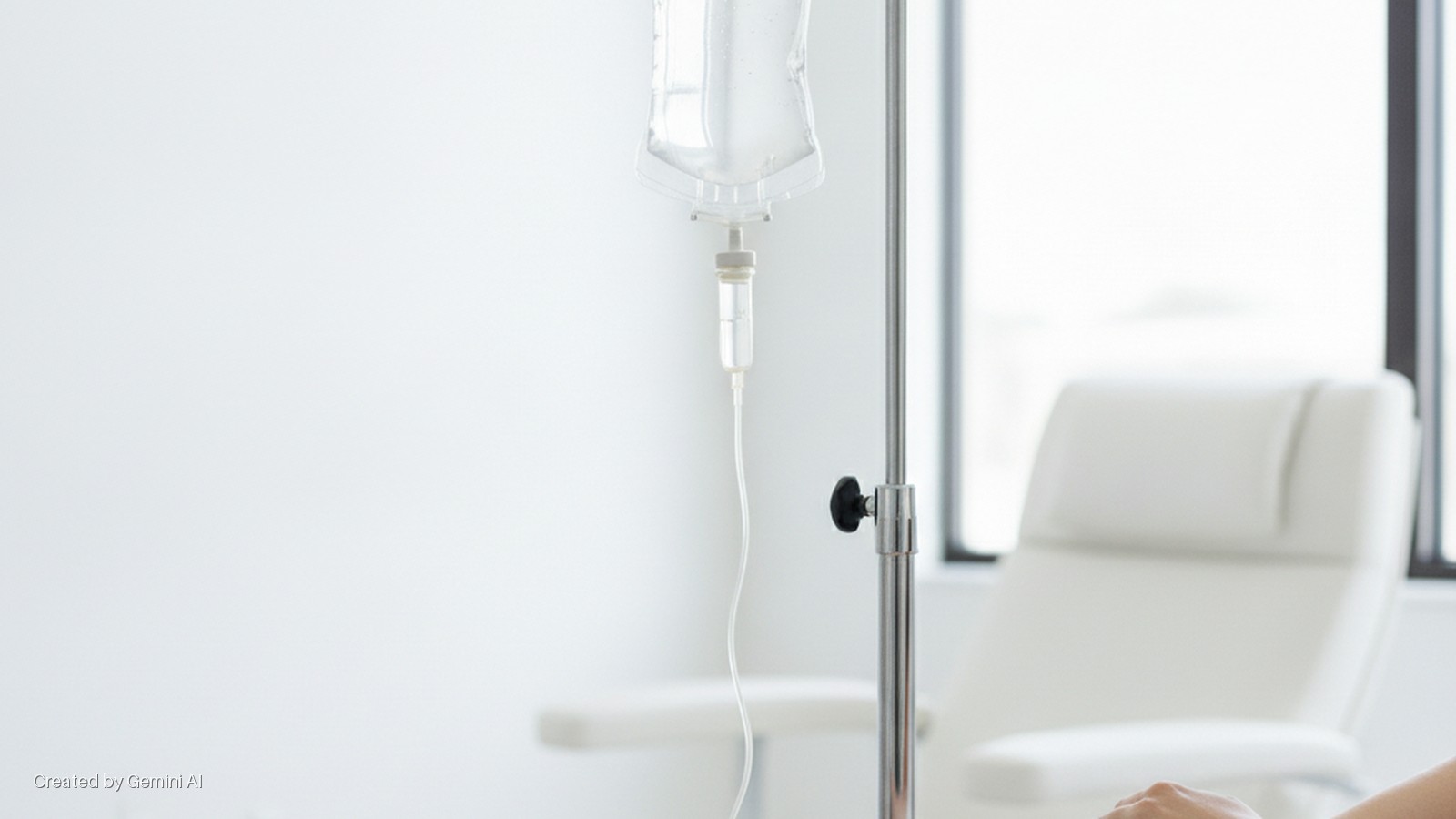 A brightly lit medical room with an IV drip hanging from a metal stand on the right, a white medical chair by a large window in the background, and a person's arm in the lower right foreground.