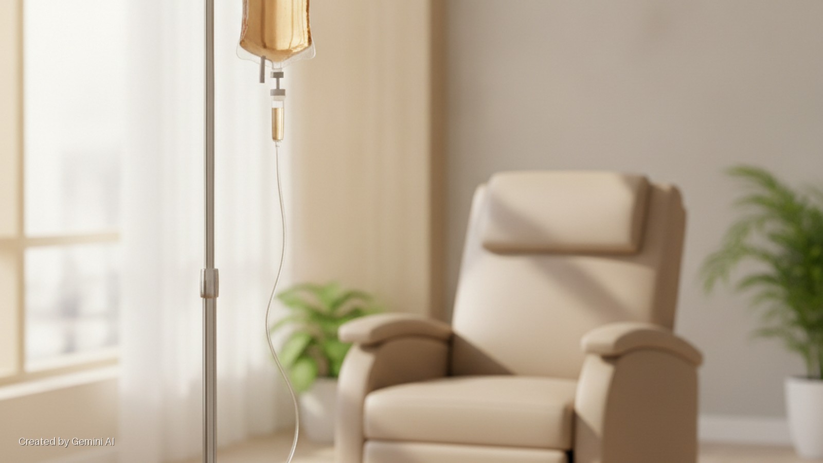 An IV drip pole with a golden liquid bag stands in the foreground of a brightly lit room featuring a beige recliner, potted plants, and natural light from a window.