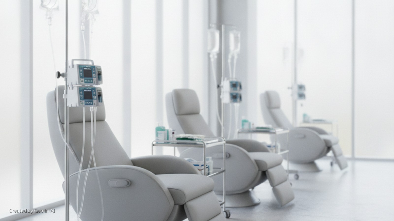 Three empty reclining medical chairs with IV poles holding infusion pumps and hanging IV bags, next to small medical carts, in a brightly lit treatment room with large windows.