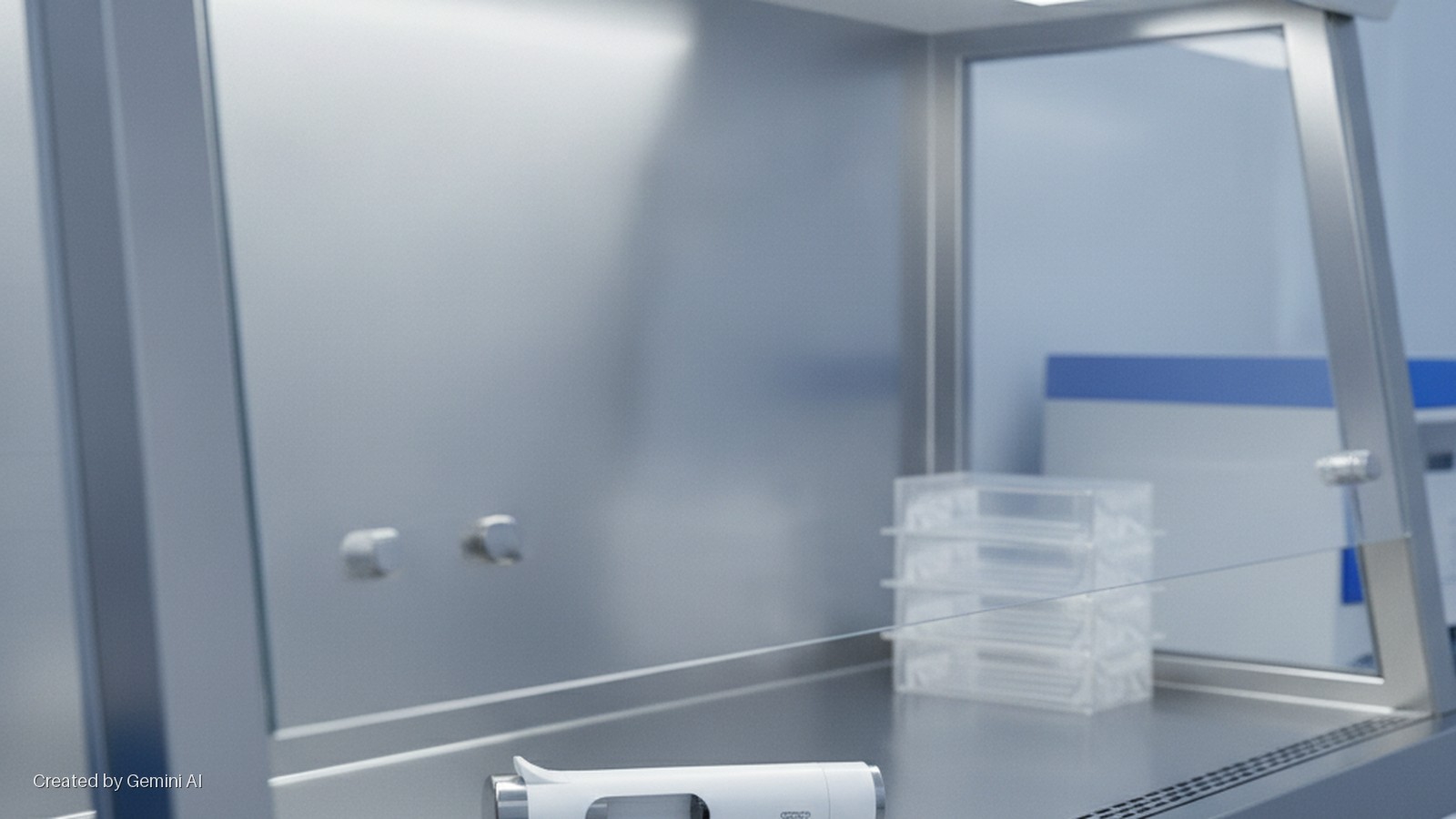 A clean lab interior, likely a biosafety cabinet, features a white lab instrument in the foreground, clear stacked plastic trays, and silver faucets on stainless steel surfaces, illuminated by bright, diffuse light.