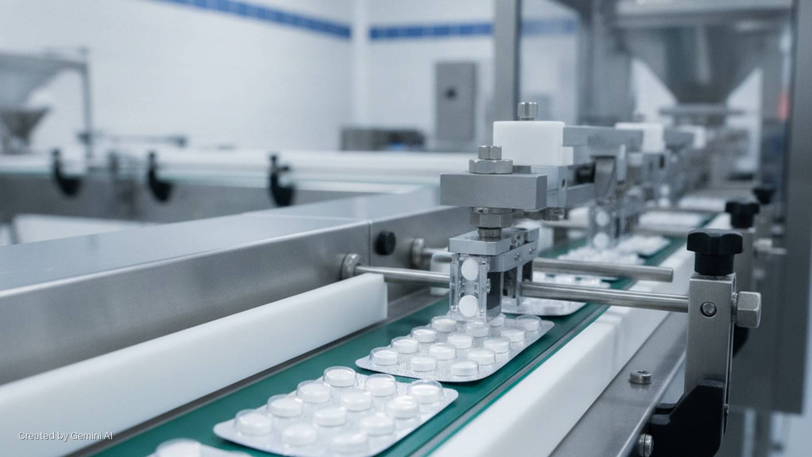 Blister packs of white pills move along a green conveyor belt under automated packaging machinery in a brightly lit pharmaceutical production facility.